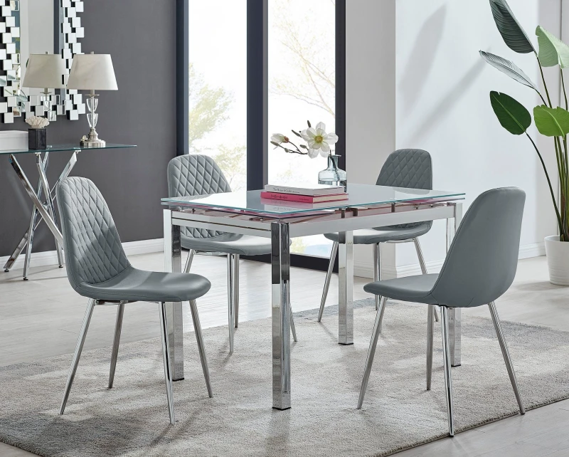 Image of FurnitureboxUK FurnitureboxUK Enna White Glass Extending 4-6 Seater Dining Table and 4 Corona Faux Leather Chairs in Grey Grey One Size Unisex 5056657