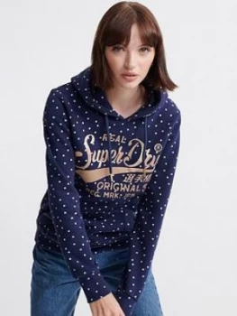 Image of Superdry Real Originals Dot All Over Print Hoodie - Navy, Size 8, Women