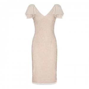 Image of Adrianna Papell Beaded V Neck Dress - ALMOND CREAM