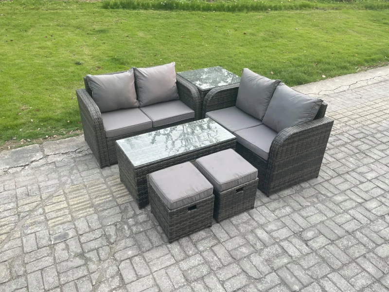 Image of Fimous High Back Rattan Garden Furniture Set with Loveseat Sofa Coffee Table 2 Small Footstool Outdoor Patio Sofa Set Dark Grey