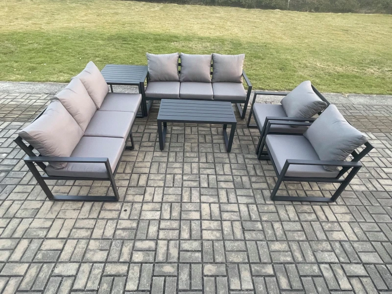 Image of Fimous Aluminium 6 Pieces Garden Furniture Set with Cushions 8 Seater Outdoor Patio Lounge Sofa Set with 2 Armchairs Side Table Dark Grey Dark Grey Un