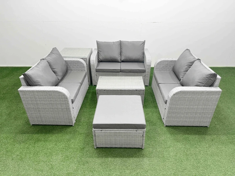 Image of Fimous 7 Seater PE Wicker Rattan Furniture Sofa Sets with Rectangular Coffee Table 2 Seater Love Sofa Big Footstool Side Table Light Grey Light Grey