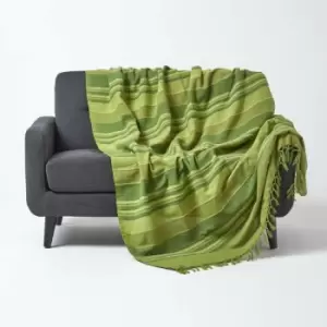Image of Cotton Morocco Striped Green Throw, 225 x 255cm - Green - Homescapes