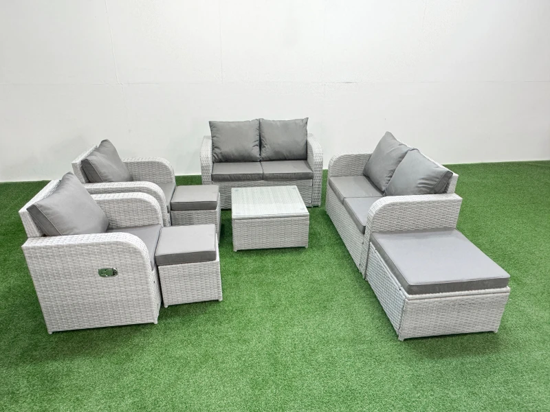 Image of Fimous 9 Seater Outdoor Reclining Chair Love Sofa Set Rattan Garden Furniture Set with Square Coffee Table 3 Stools Light Grey Light Grey
