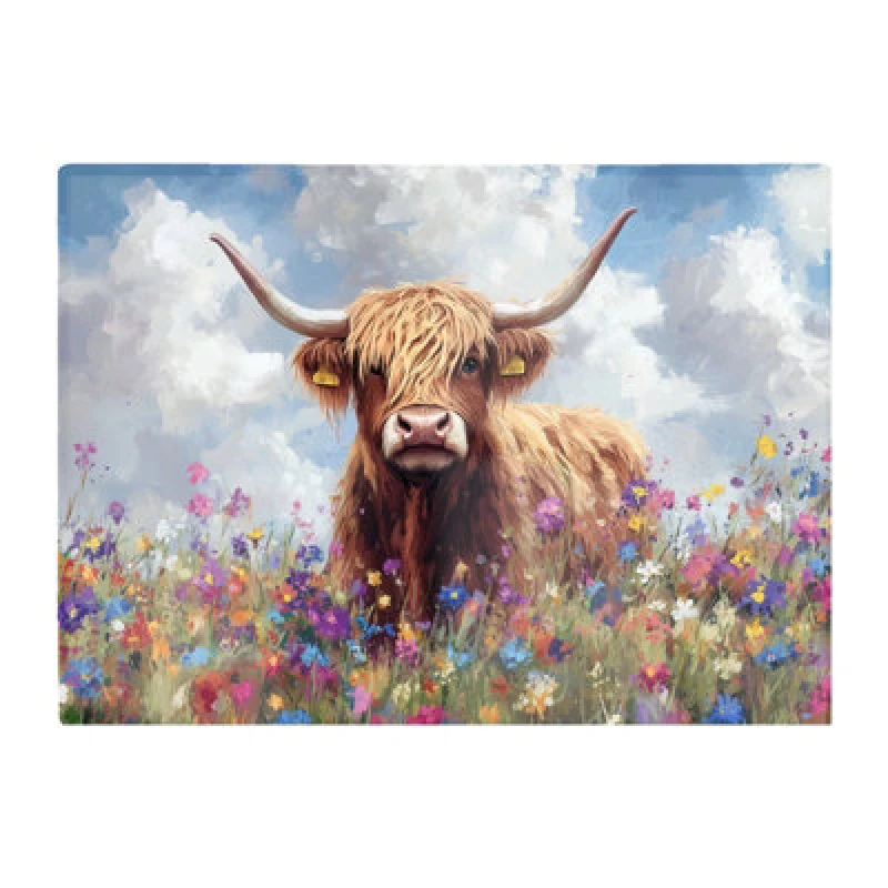 Image of Warren Reed Designer Highland Cow In A Summer Meadow Glass Chopping Board