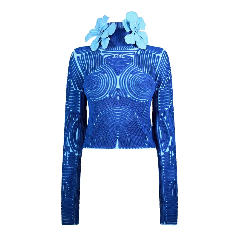 Image of Off White Womens - Flower Embroidered Long Sleeve Funnel Neck Crew Neck Jumper Light Blue female 6 (2XS)