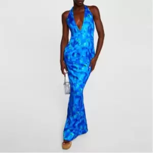 Image of Missguided Plunge Neck Satin Fishtail Maxi Dress - Blue