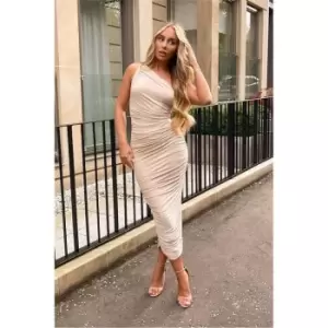 Image of I Saw It First Champagne Double Layered Slinky Ruched One Shoulder Maxi Dress - Nude