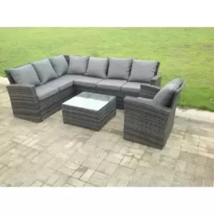 Image of Fimous 7 Seater Outdoor Dark Grey Rattan Lounge Complete Sofa Set with High Back Chairs and Coffee Table