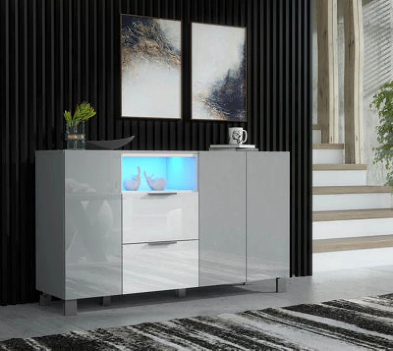 Image of Furneo Sideboard Grey White High Gloss Matt Cabinet Cupboard Unit Blue LED Lights Enzo 16