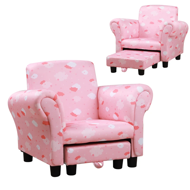 Image of HOMCOM Kids Children Armchair Mini Sofa Wood Frame w/ Footrest Anti Slip Legs High Back Arms Bedroom Playroom Furniture Cute Cloud Pink Aosom UK
