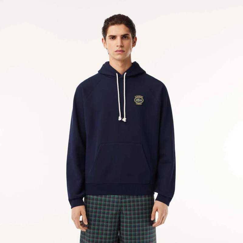 Image of Lacoste Heritage Badge Fleece Hoodie - Blue Blue XS