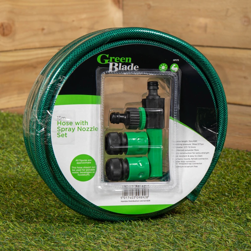 Image of 15m Reinforced Garden Hose Pipe / Hosepipe with Spray Nozzle Set in Green
