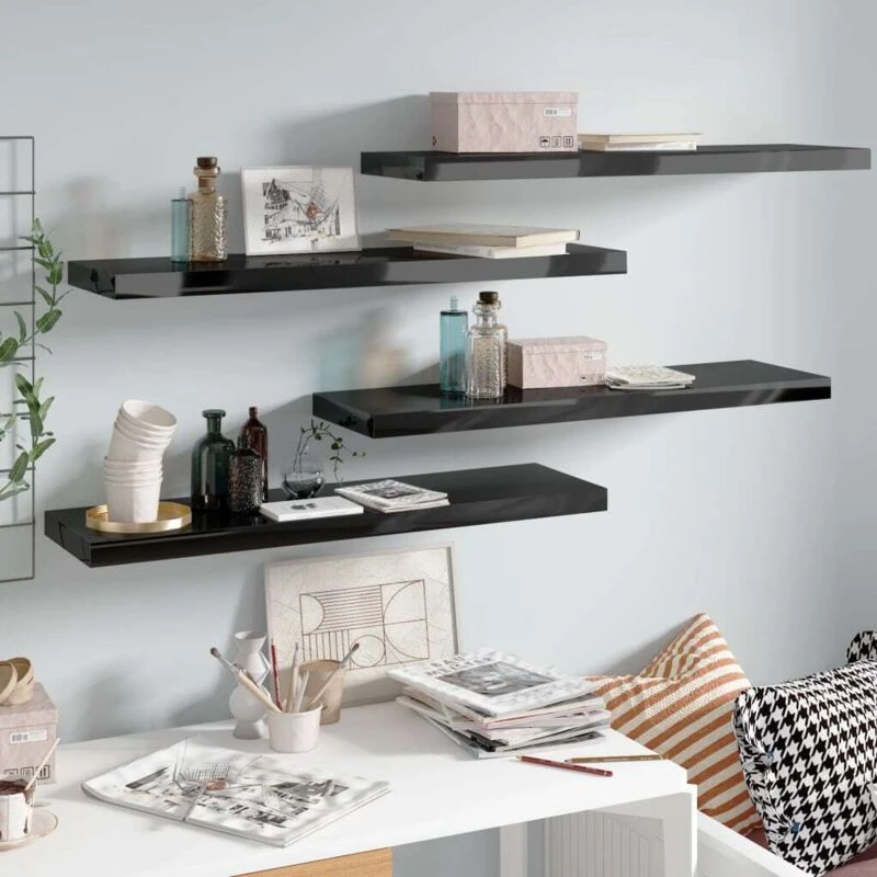 Image of VIDAXL Floating Wall Shelves 4 pcs High Gloss Black 90x23.5x3.8cm MDF vidaXL 8720286074084