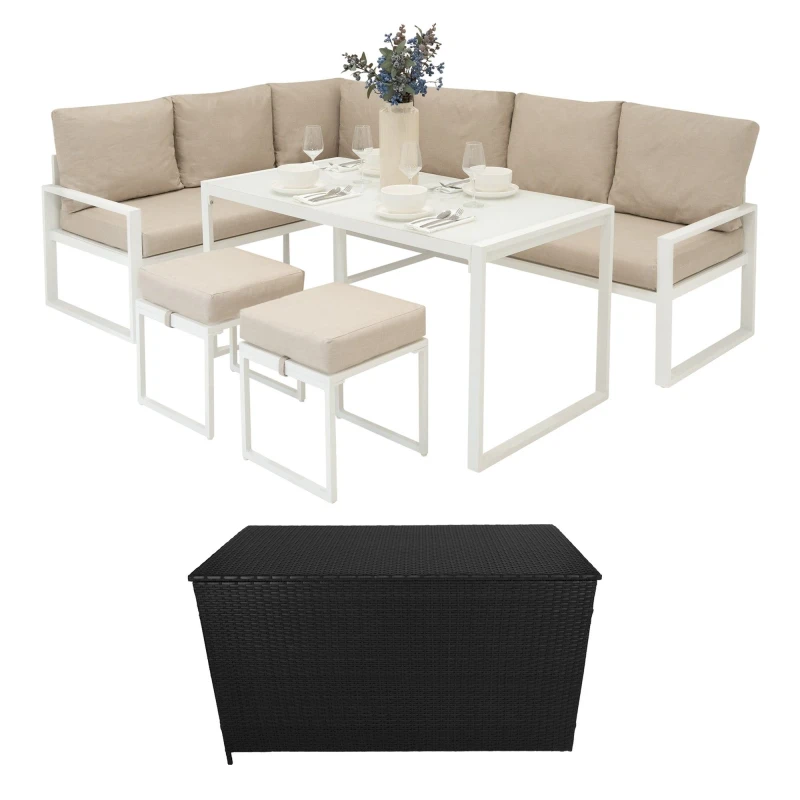 Image of Monstershop Aluminium Corner Sofa Set With Black Rattan Storage Box - White White Unisex