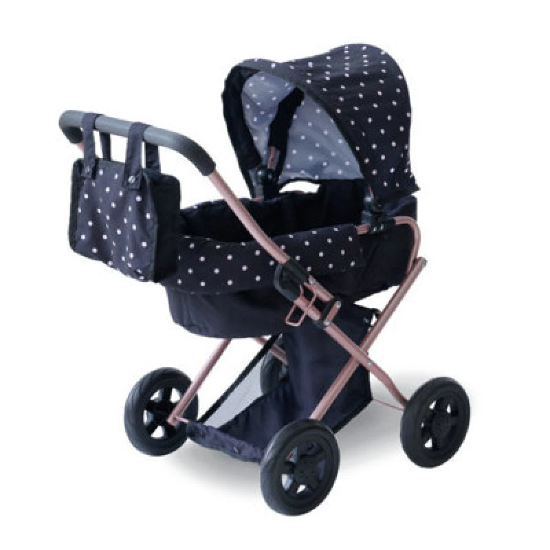 Image of Teamson Kids 2-In-1 Classic Doll Stroller In Black With Removable Bassinet, Adjustable Canopy, Storage Basket & Bag