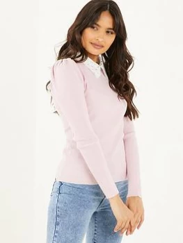 Image of Quiz Grey Ribbed Crochet Collar Top - S