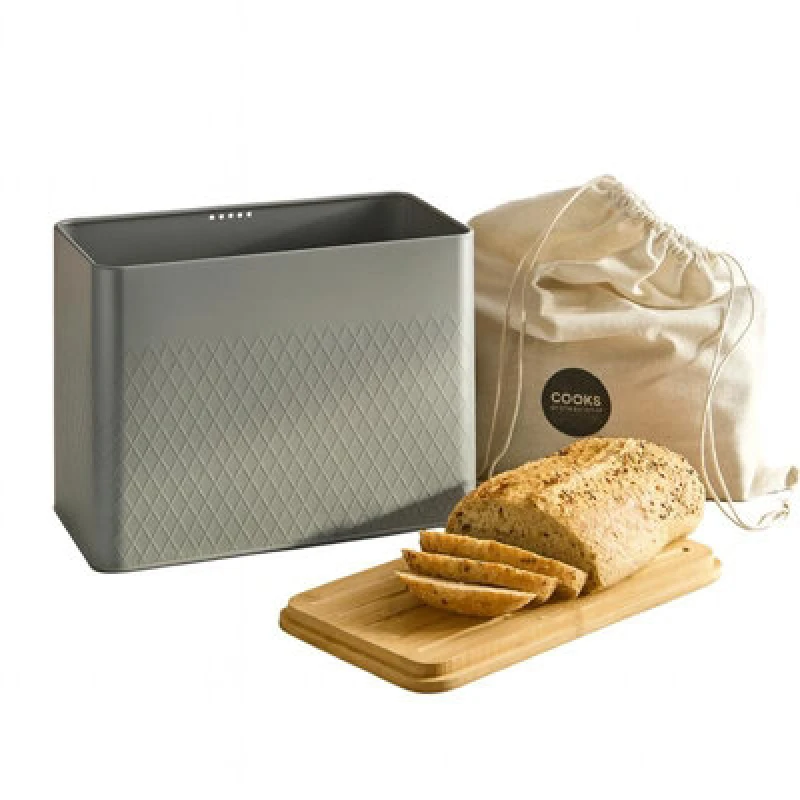 Image of Cooks Professional Diamond Pattern Bread Bin With Linen Bag & Bamboo Cutting Board Lid - Grey