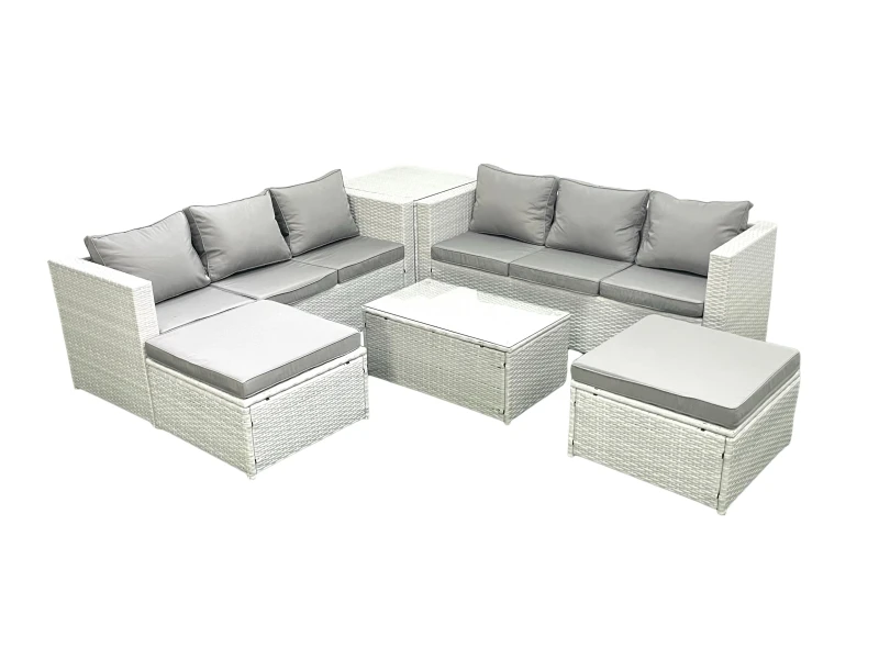 Image of Fimous Garden Outdoor PE Rattan Furniture Set 8 Seater Rattan Garden Sofa Set with 2 Big Footstools Side Table Light Grey Mixed Light Grey