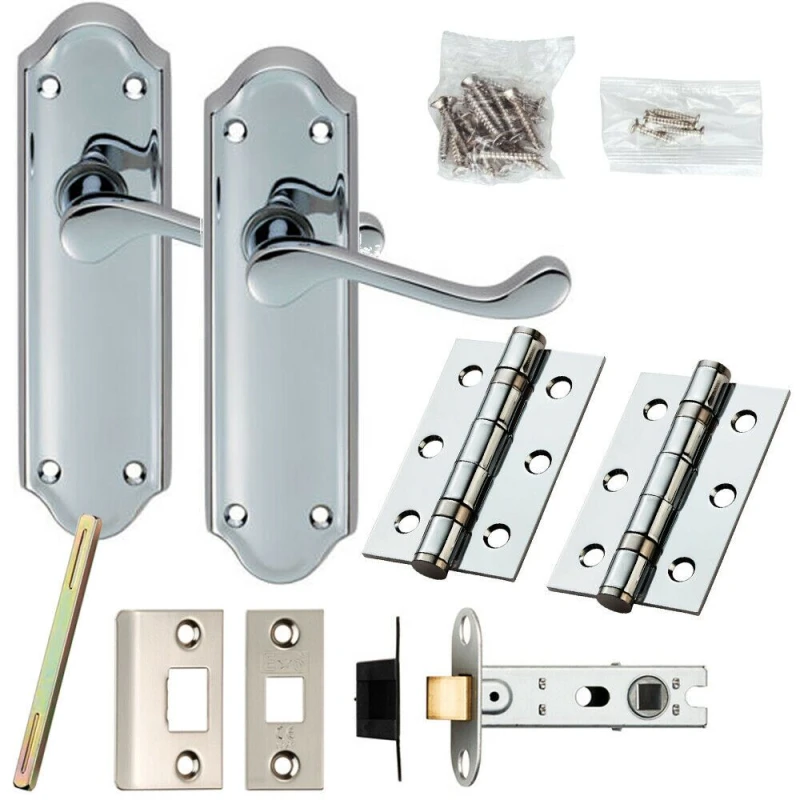Image of Loops Door Handle & Latch Pack Chrome Victorian Scroll Lever Backplate 168 x 47mm Multi