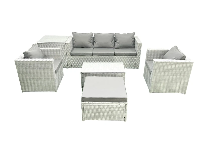 Image of Fimous Rattan Garden Furniture Set with 3 Seater Sofa 2 Chair Rectangular Coffee Table Big Footstool Side Table Light Grey Mixed 6 Seater Light Grey