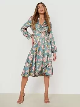 Image of Boohoo Floral Wrap Belted Midi Dress - Teal, Blue, Size 12, Women