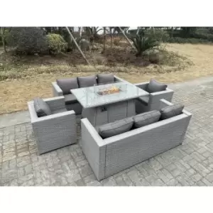 Image of Fimous 8 Seater Outdoor Light Grey Rattan Lounge Complete Sofa Set with Gas Fire Pit and Heater Burner