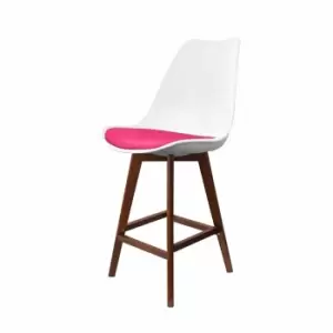 Image of Fusion Living Soho Plastic Bar Stool With Dark Wood Legs White & Bright Pink