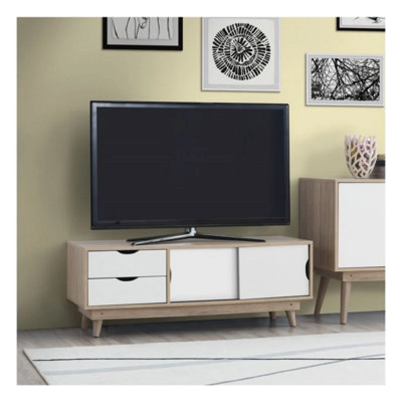 Image of Timber Art Design Alford Scandinavian TV Unit Stand 120Cm Media Cabinet + Drawers Oak White