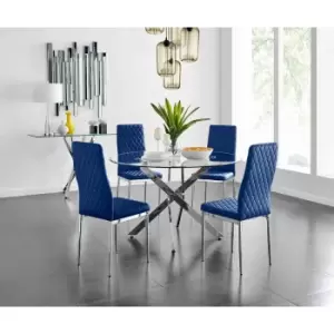 Image of Furniture Box Novara 120Cm Round Dining Table and 4 Navy Velvet Milan Chairs