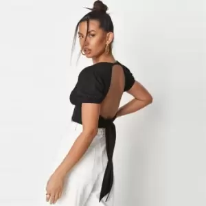 Image of Missguided Puff sleeve tie back detail crop - Black
