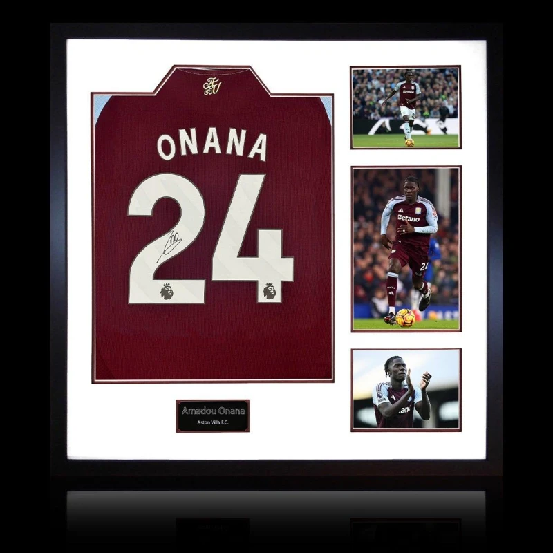 Image of The Fan Cave Amadou Onana Signed Aston Villa Shirt Elite Frame Claret unisex 820mm x 82