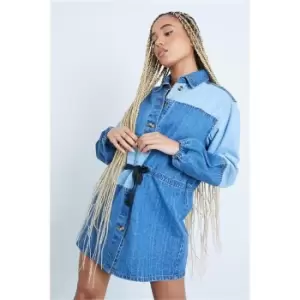 Image of I Saw It First Mid Wash Colour Block Denim Shirt Dress - Blue