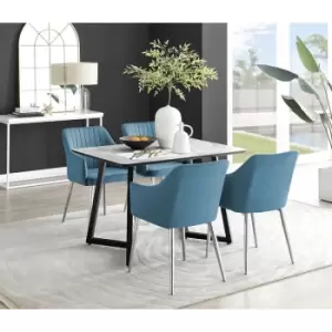 Image of Furniturebox Carson White Marble Effect Recatngular 120cm Dining Table & 4 Blue Calla Silver Leg Velvet Chairs