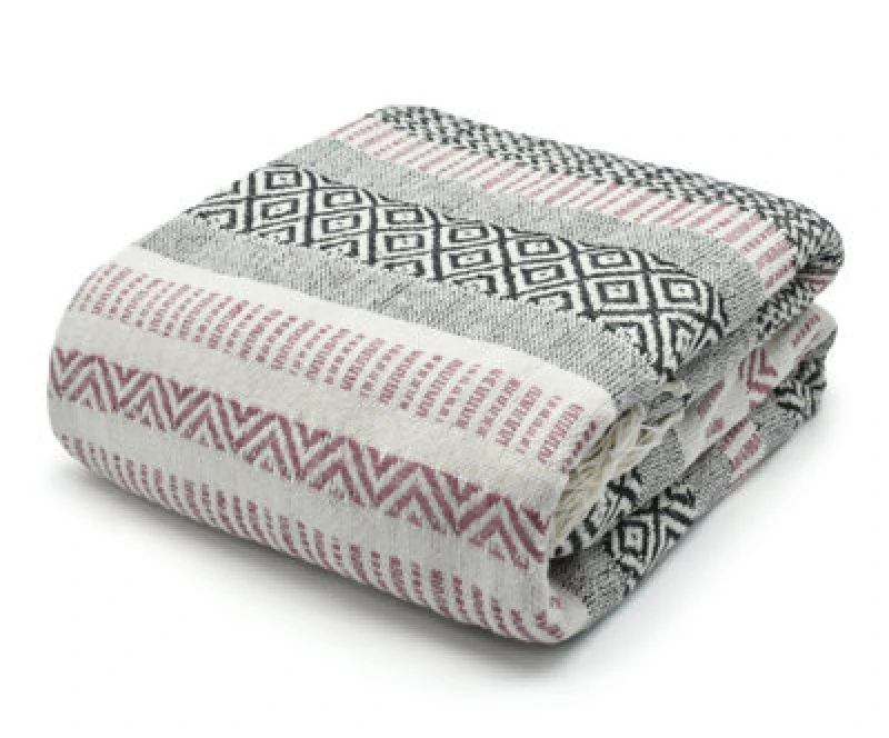 Image of Velosso Zigzag Throw Multicoloured Aztec Design With Tassels, Soft Acrylic Blanket For Bed, Sofa Or Armchair, 90Cm X 100Cm - Blush