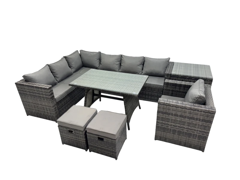 Image of Fimous 9-seater Outdoor PE Rattan Sofa Set with with Chair 2 Small Stools in Dark Grey Dark Grey Unisex