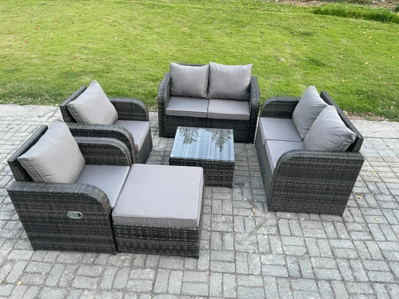 Image of Fimous 7 Seater Rattan Sofa Set Outdoor Garden Furniture Set with Square Coffee Table Loveseat Sofa Reclining Chairs Big Footstool Dark Grey
