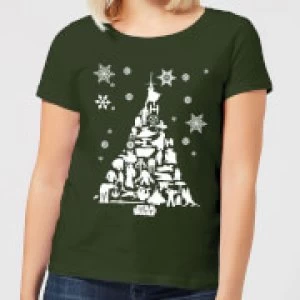 Image of Star Wars Character Christmas Tree Womens Christmas T-Shirt - Forest Green - XL