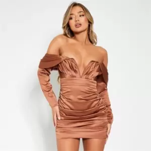 Image of I Saw It First Satin Drape Shoulder Ruched Long Sleeve Bodycon Dress - Metallics