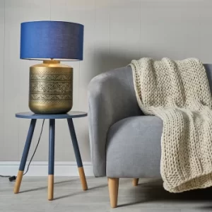 Image of Taroda Gold Floral Table Lamp with Large Navy Blue Reni Shade