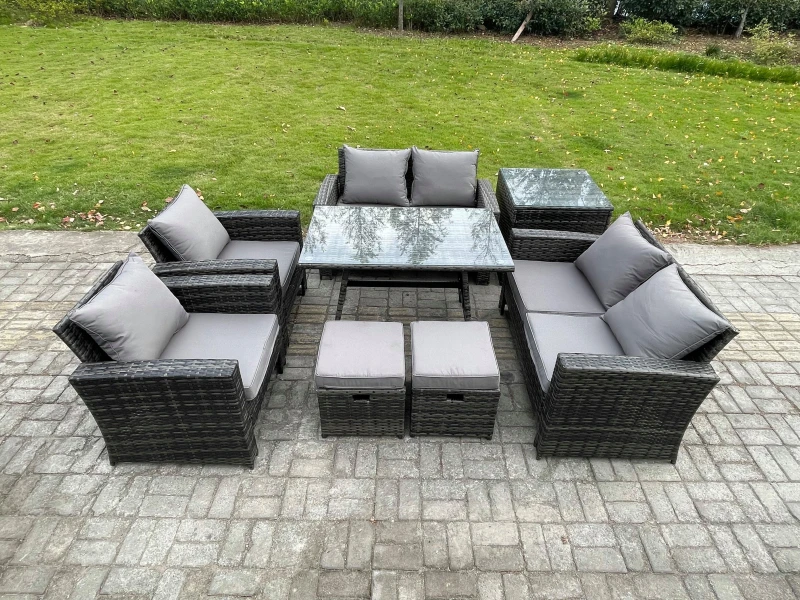 Image of Fimous Rattan Garden Furniture Set 8 Seater Patio Outdoor Lounge Sofa Set with Rectangular Dining Table Love Seat Sofa Side Table in Dark Grey Dark Gr