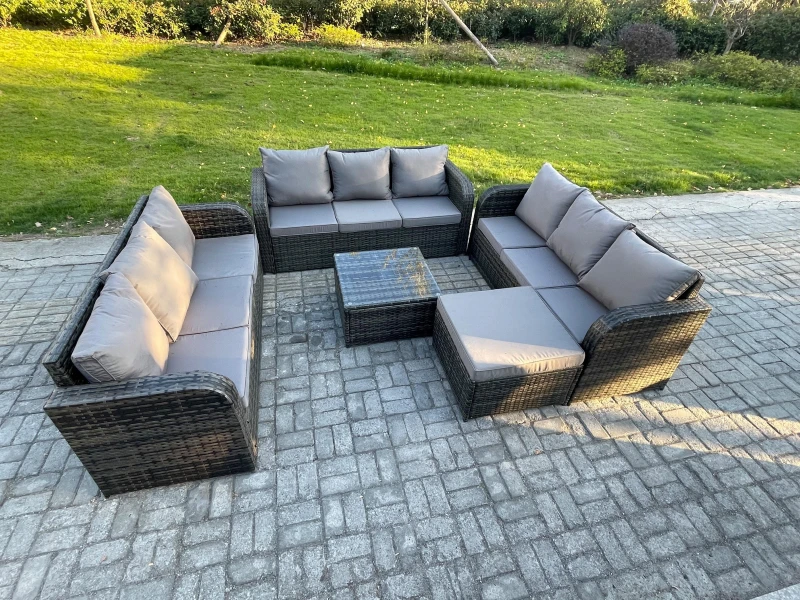 Image of Fimous Patio Garden Furniture Sets Wicker 10 Seater Outdoor Rattan Furniture Sofa Sets with Square Coffee Table Big Footstool Dark Grey