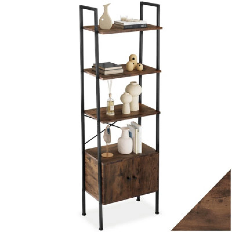 Image of Tectake Ladder Shelf Brentwood - Industrial Style, 4 Levels, 2 Cupboards 57.5 X 34 X 173cm - Industrial Wood Dark, Rustic