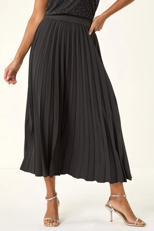 Image of Roman Pleated Elastic Waist Maxi Skirt Black