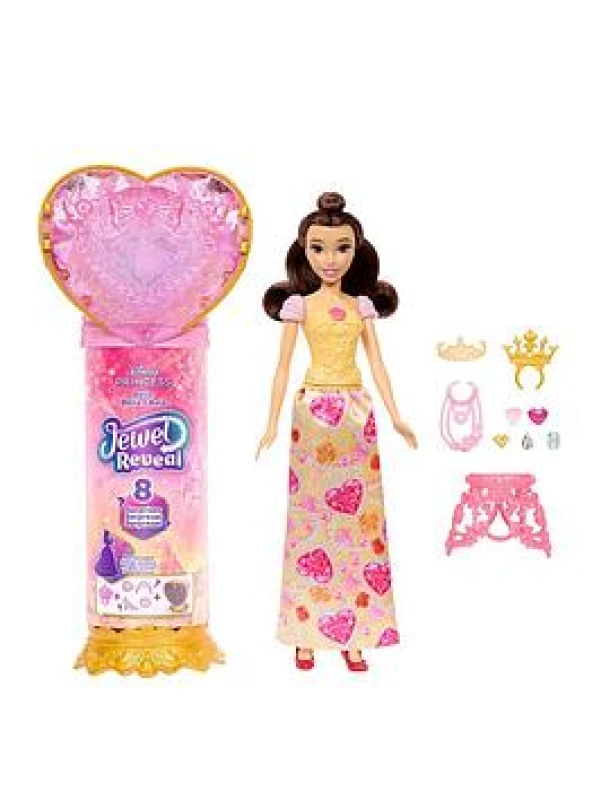 Image of Mattel Disney Princess Belle Modepuppe und Zubehorteile mit 8 Uberraschungen darunter herzformige Juwelenbox Ring fur Kind und 9 Teile vom Film ins