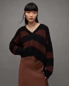Image of AllSaints Lou Striped Cropped V-Neck Jumper