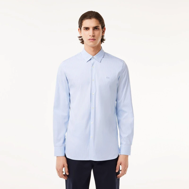 Image of Lacoste Slim Fit Striped Stretch Poplin Shirt Light Blue male 15