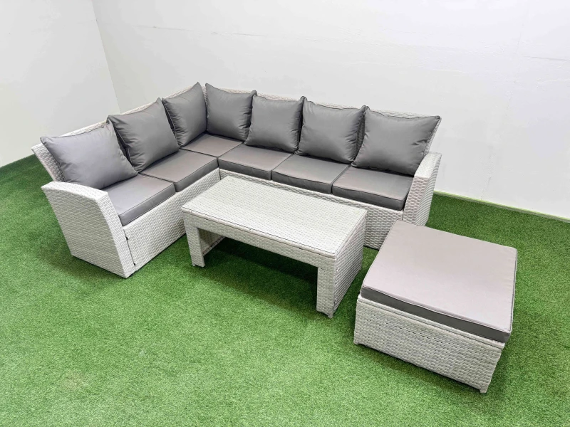 Image of Fimous Outdoor 7 Seater Corner Sofa Sets with Big Stool Light Grey Mixed Light Grey Unisex