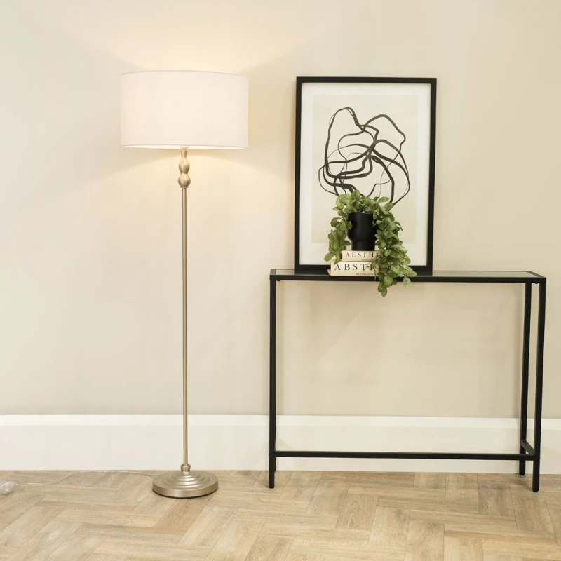 Image of ValueLights Maggie Brushed Chrome Candlestick Floor Lamp with Fabric Shade with LED Bulb Black