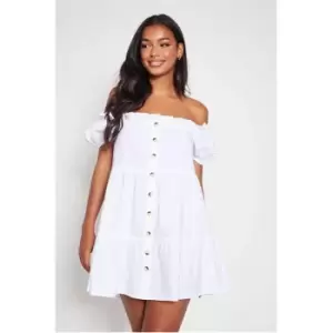 Image of I Saw It First White Button Front Woven Bardot Mini Dress - White